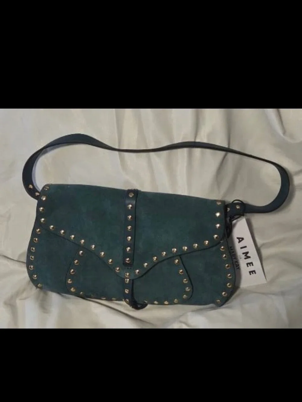 NWT Aimee Kestenberg Amour Baguette Teal Suede Studded Shoulder Bag